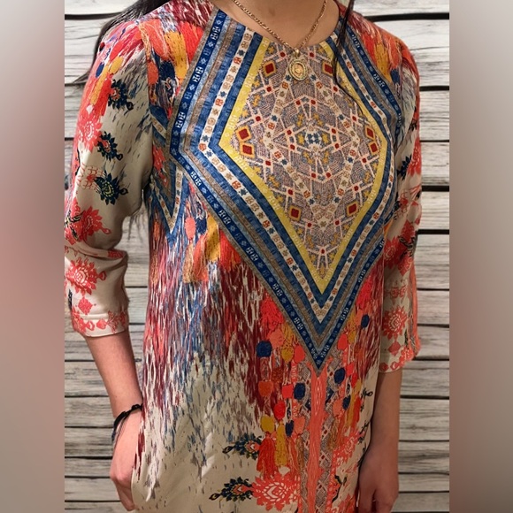 GB GIANNI BINI Women’s Jewel Neck Dress Zip Back 3/4 Sleeve Boho - Picture 5 of 8